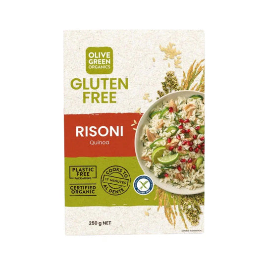 Olive Green Organics Risoni on a white background