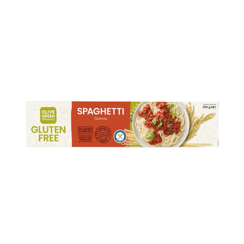 Olive Green Quinoa and Rice Spaghetti on a white background