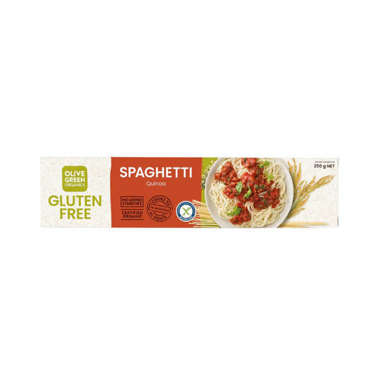 Olive Green Quinoa and Rice Spaghetti on a white background