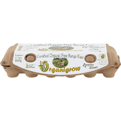 Carton of Certified Organic Free Range Eggs with Organigrow branding on a white background