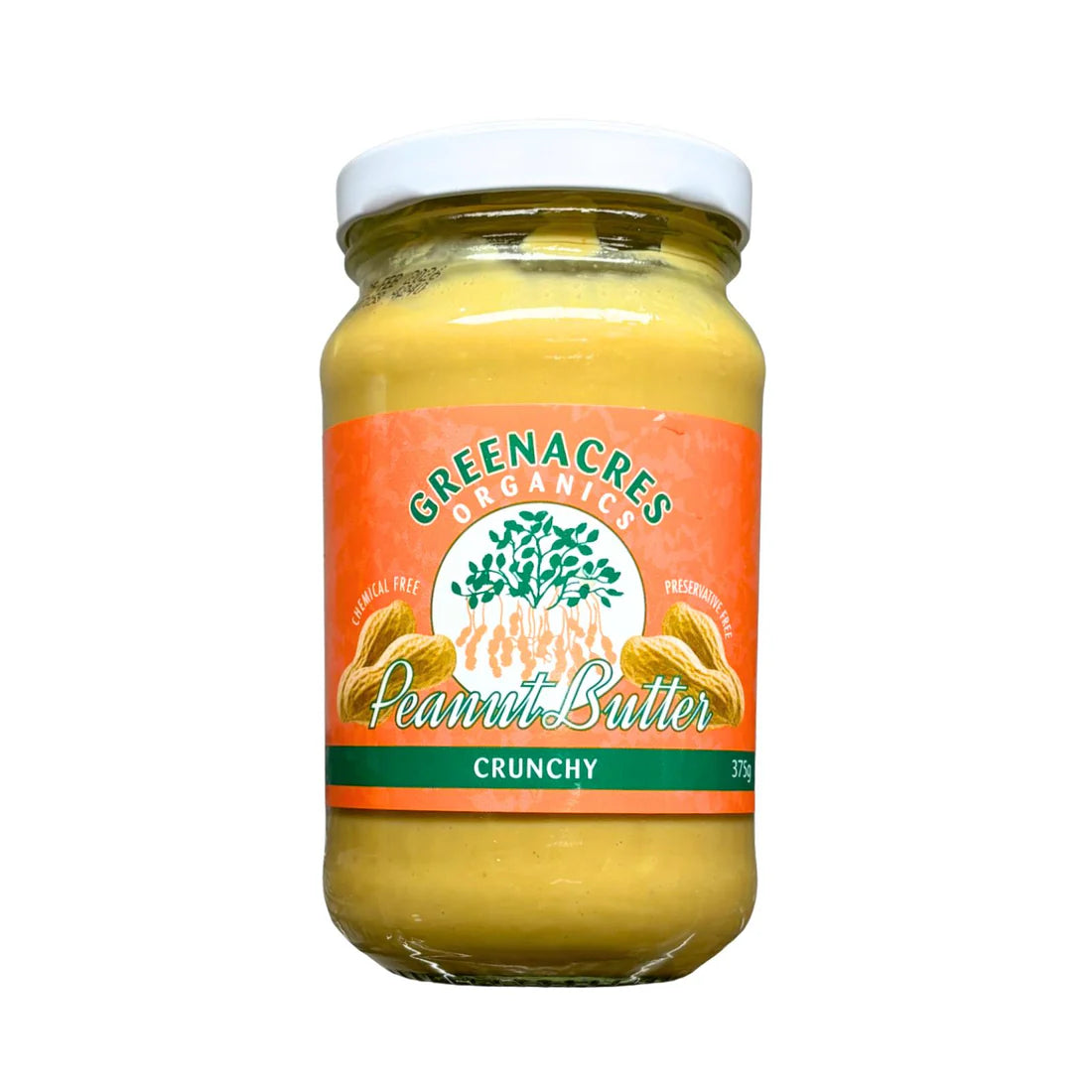 Jar of Greenacres Organics crunchy peanut butter on a white background