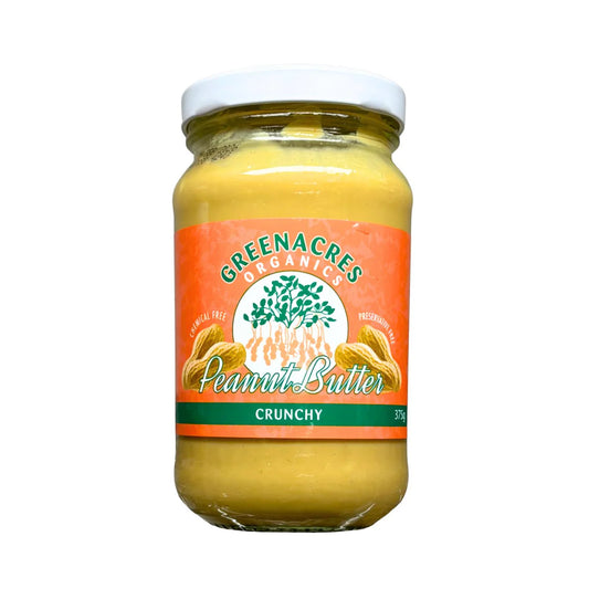 Jar of Greenacres Organics crunchy peanut butter on a white background
