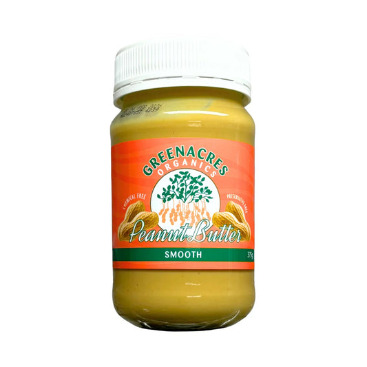 Jar of Greenacres Organics peanut butter on a white background