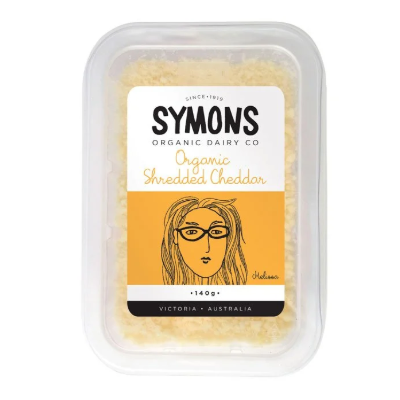 Symons Organic Shredded Cheddar on a white background