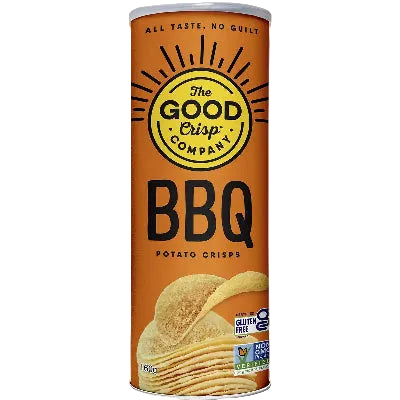 The Good Crisp Company BBQ potato chips on a white background. 