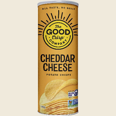 The Good Crisp Company Cheddar Cheese potato chips on a white background.