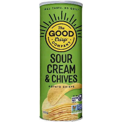 The Good Crisp Company Sour Cream and Chives potato chips on white background.