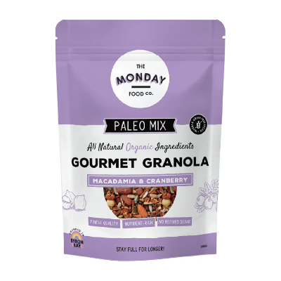 The Monday Food Co Macadamia & Cranberry Granola on a white background.