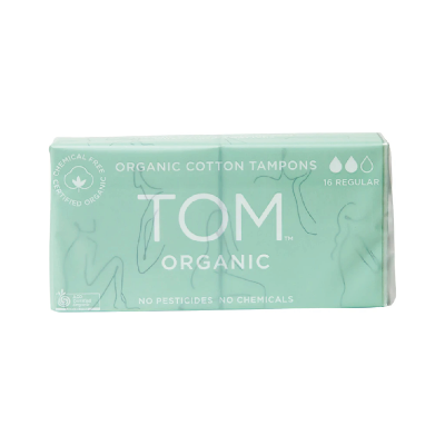 Box of TOM Organic cotton tampons on a white background