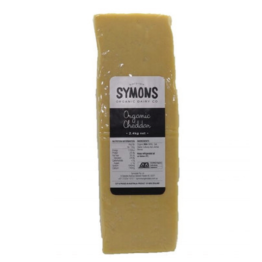 Block of Symons Organic Cheddar cheese with a label on a white background