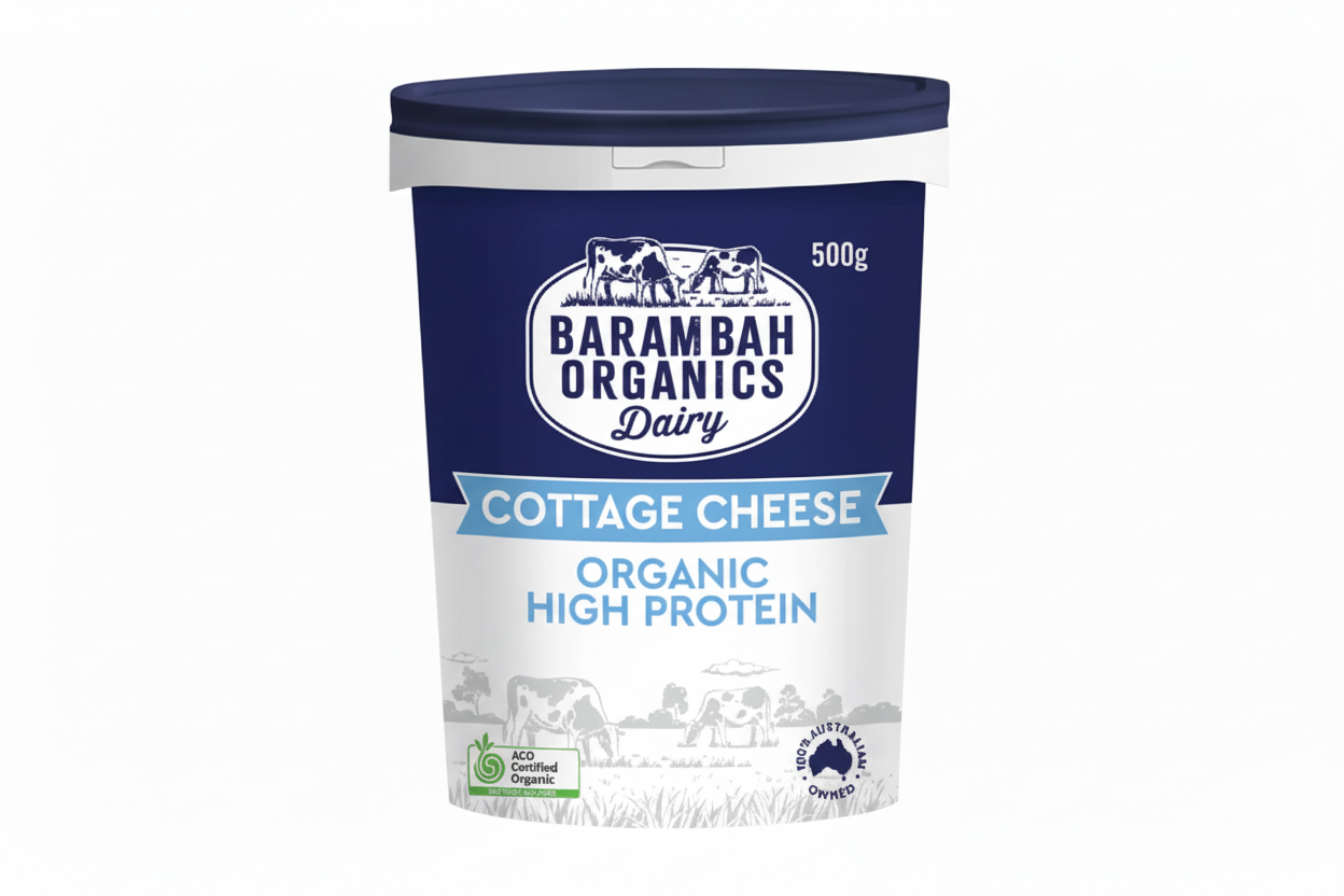 Barambah Organics Dairy cottage cheese container on a white background