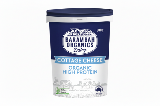 Barambah Organics Dairy cottage cheese container on a white background
