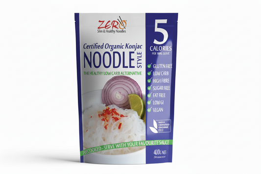 Package of Certified Organic Konjac Noodles with health benefits listed on a white background