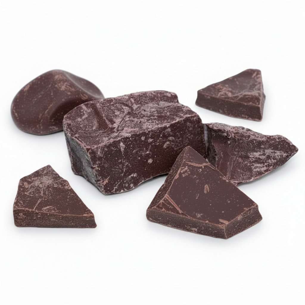 Dark chocolate chunks on a white background