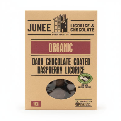 Junee Licorice & Chocolate packaging for organic dark chocolate coated raspberry licorice.