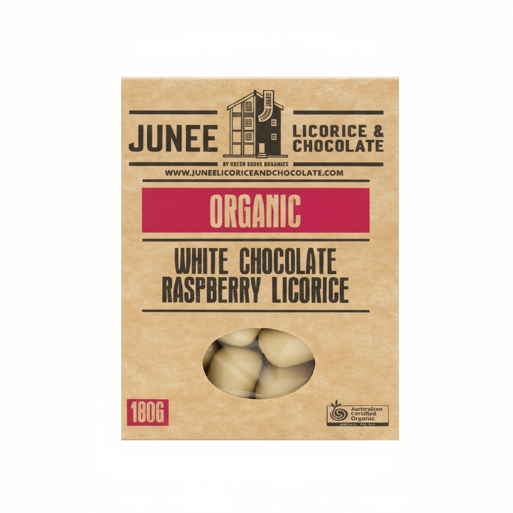 Package of Junee Licorice & Chocolate Organic White Chocolate Raspberry Licorice on a white background